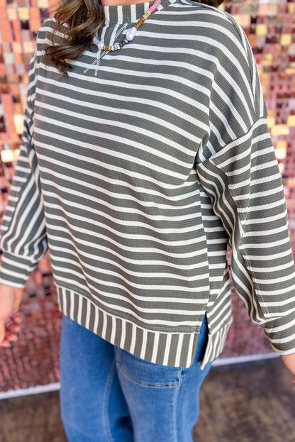 Gray Stripe Delicate Stitch Detail Plus Size Drop Shoulder Pullover