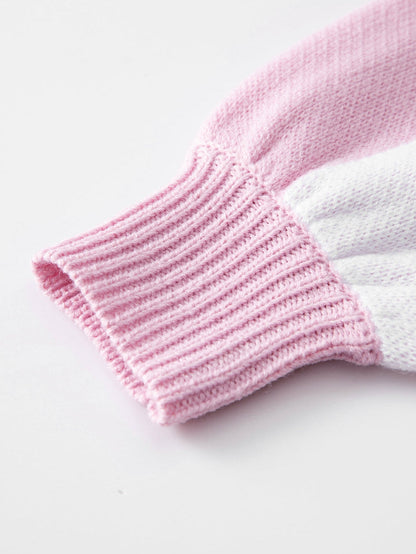 Elegant Pink Plaid Bishop Sleeve Knit Sweater