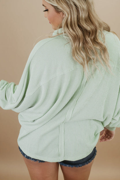 Sage Oversized Ribbed Henley Top with Pockets