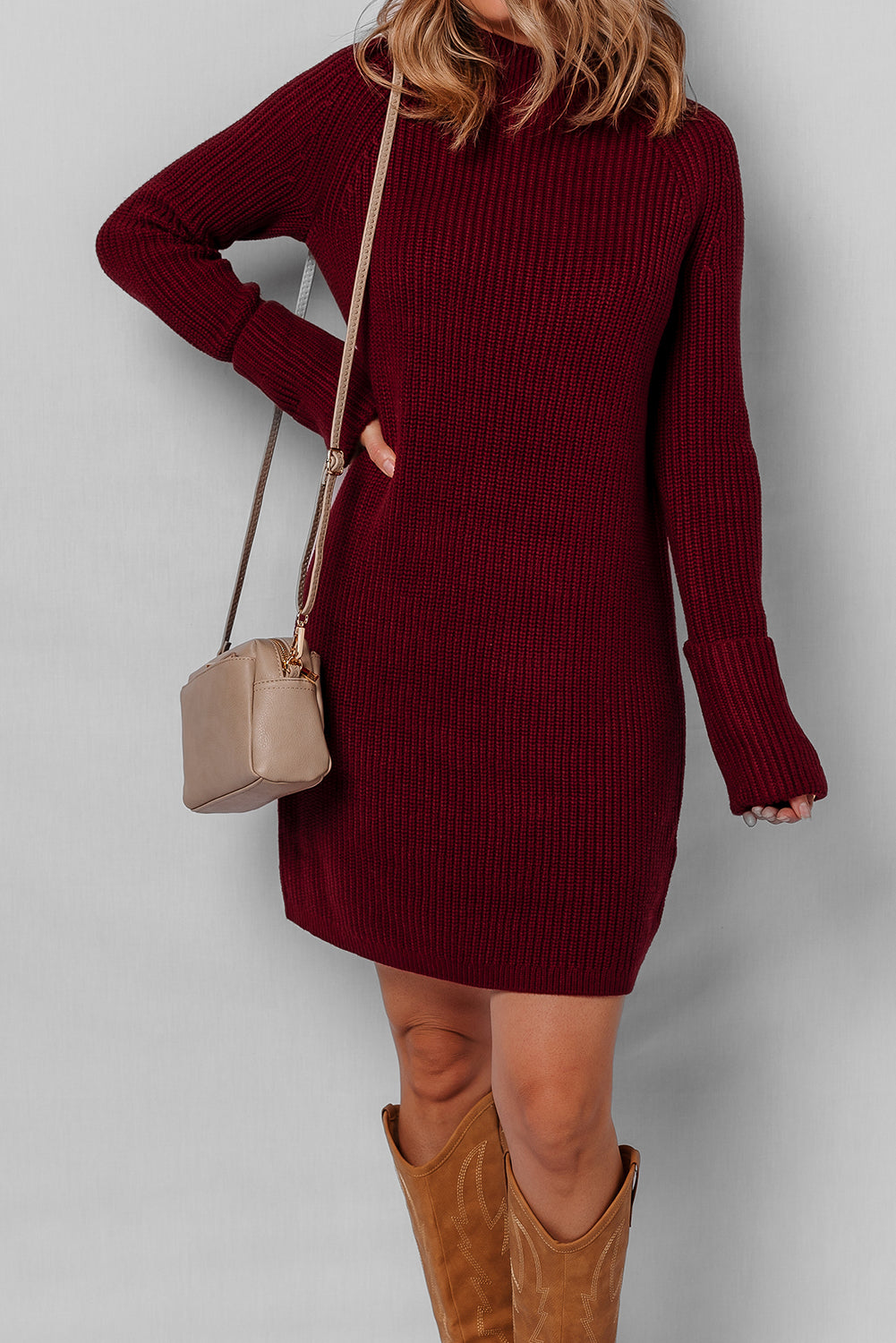 Burgundy Raglan Sleeve Ribbed Knit High Neck Bodycon Sweater Mini Dress
