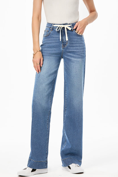 Light Blue Lace-up Button Zip Fly Straight Leg Jeans