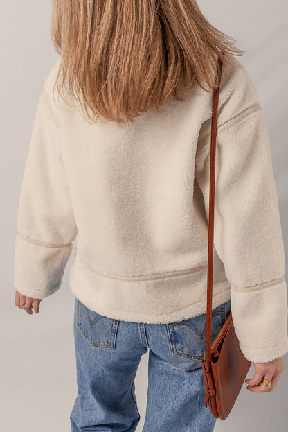 Beige Buckle Collar Detail Zip Up Fleece Jacket