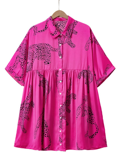 Rose Cheetah Print Half Sleeve Buttoned Plus Size Mini Dress
