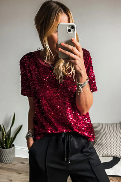 Burgundy Sequin Holiday Crew Neck Sparkly T-Shirt