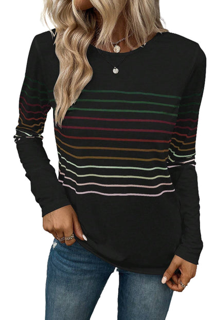 Black Colorful Striped Round Neck Long Sleeve Top