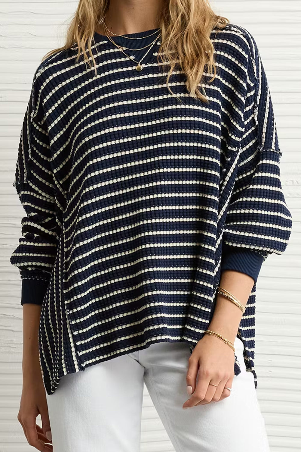 Blue Stripe Ribbed Patchwork Drop Shoulder Side Slit Oversize Sweatshirt