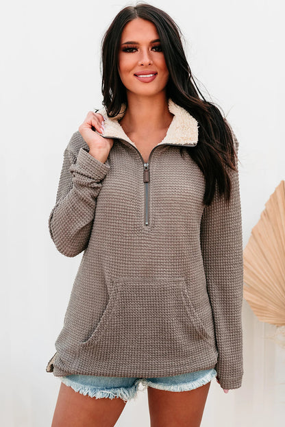 Goat Waffle Knit Contrast Sherpa Collar Quarter Zip Pullover Top