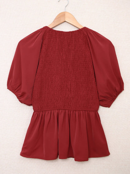 Fiery Crimson Smocked Peplum Blouse