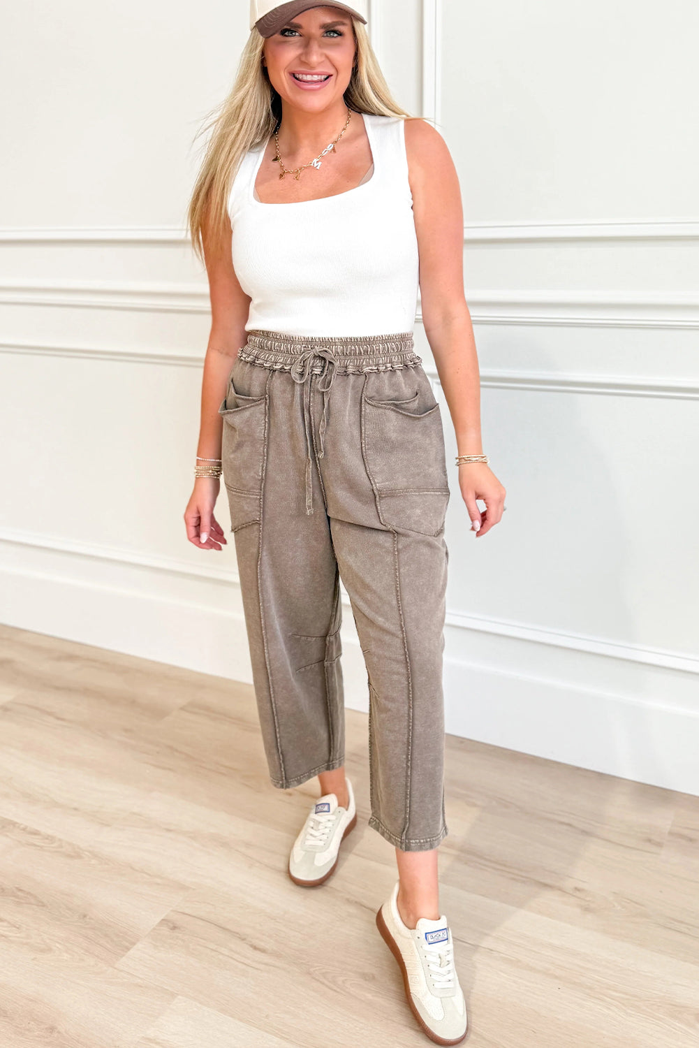 Dark Brown Mineral Wash Exposed Seam Detail Drawstring Elastic Waist Loose Pants