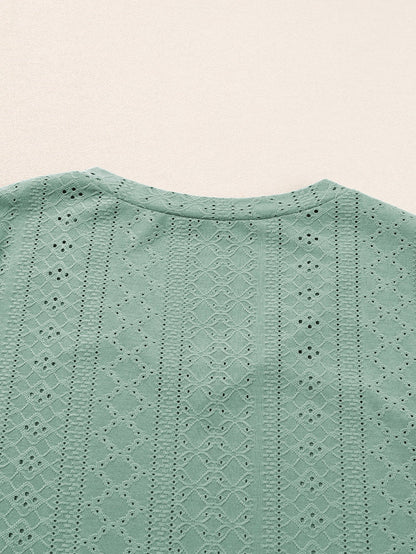 Green Jacquard V-Neck Plus Size Blouse with Petal Sleeves