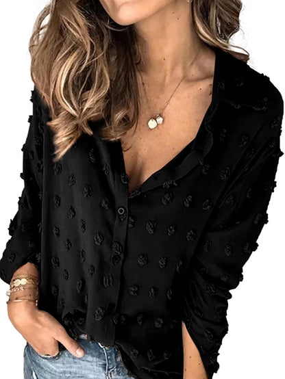 Elegant Black Polka Dot Fuzzy Button-Up Blouse