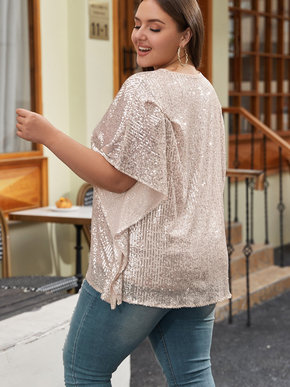 Apricot Plus Size Sequined V Neck Boxy Top