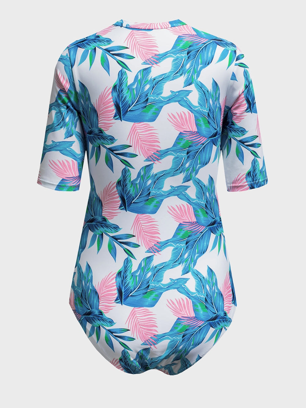 Floral Print Zip Front Half Sleeve Beach One Piece Swimsuit