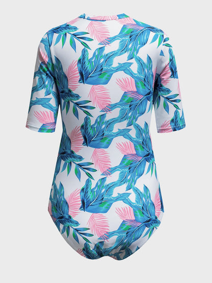 Floral Print Zip Front Half Sleeve Beach One Piece Swimsuit