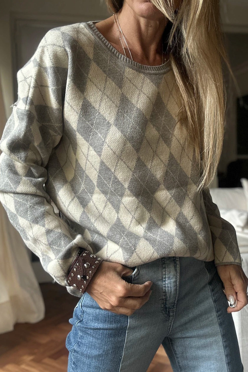 Gray Checkered Colorblock Round Neck Sweater Top