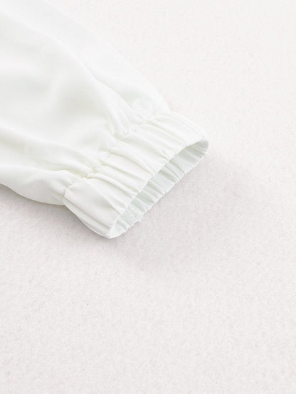 Graceful White Pleated Round Neck Shirt with Puff Sleeves