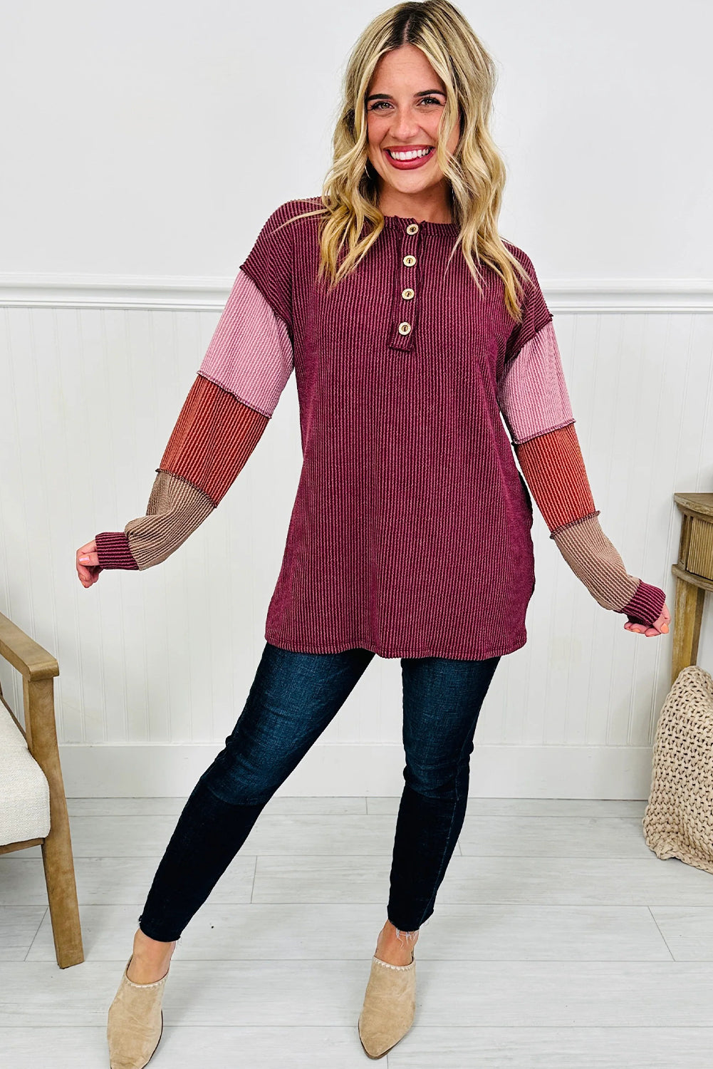 Red Dahlia Twisted Ribbed Exposed Seam Color Block Patchwork Long Sleeve Henley Top