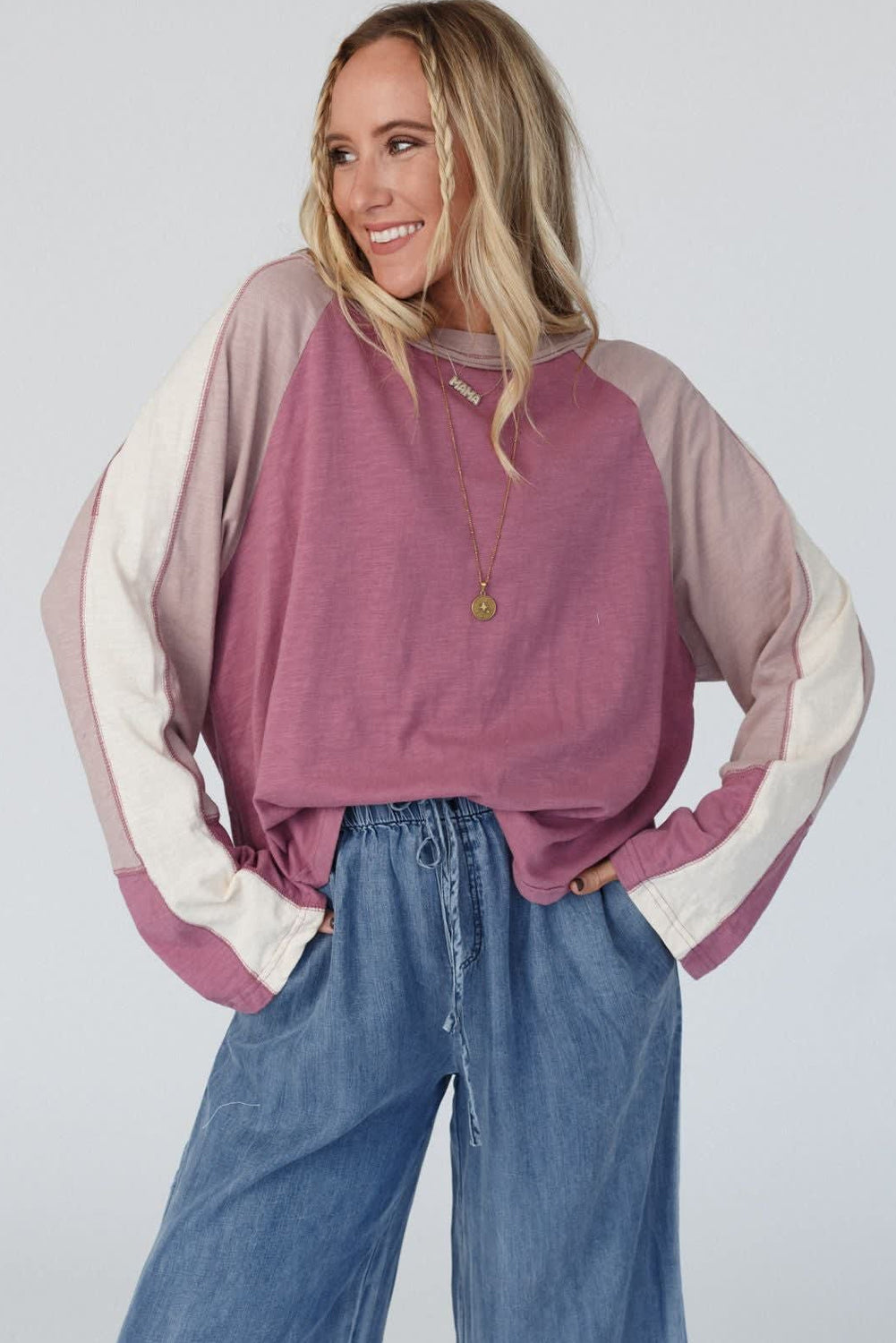 Heather Color Block Stitched Raglan Sleeve Loose Top
