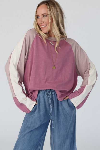 Heather Color Block Stitched Raglan Sleeve Loose Top