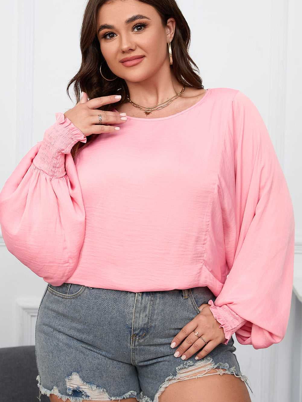 Pink Satin Dolman Sleeve Plus Size Flowy Top