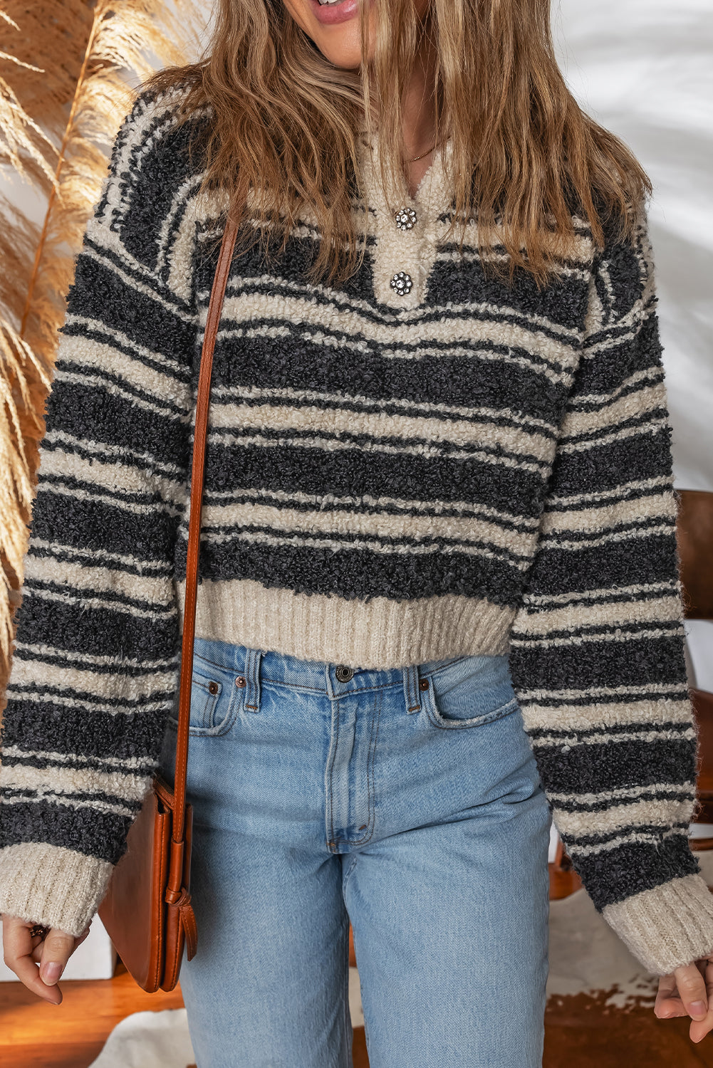 Black Stripe Fuzzy Knit Button V Neck Cropped Sweater