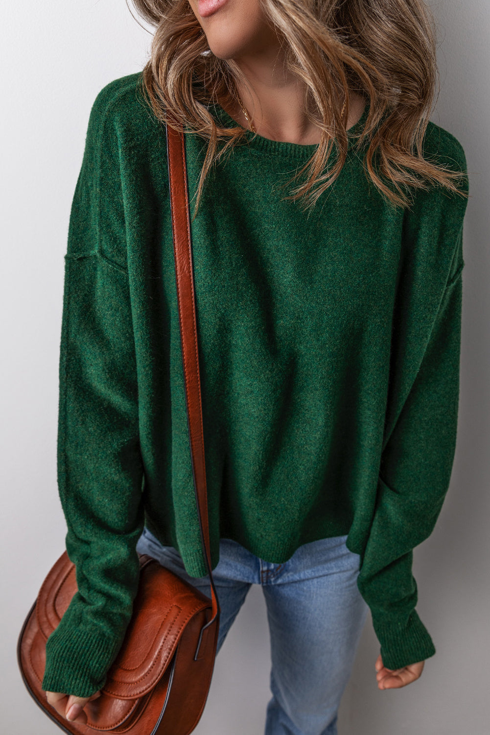 Blackish Green Plain Drop Sleeve Crew Neck Loose Sweater