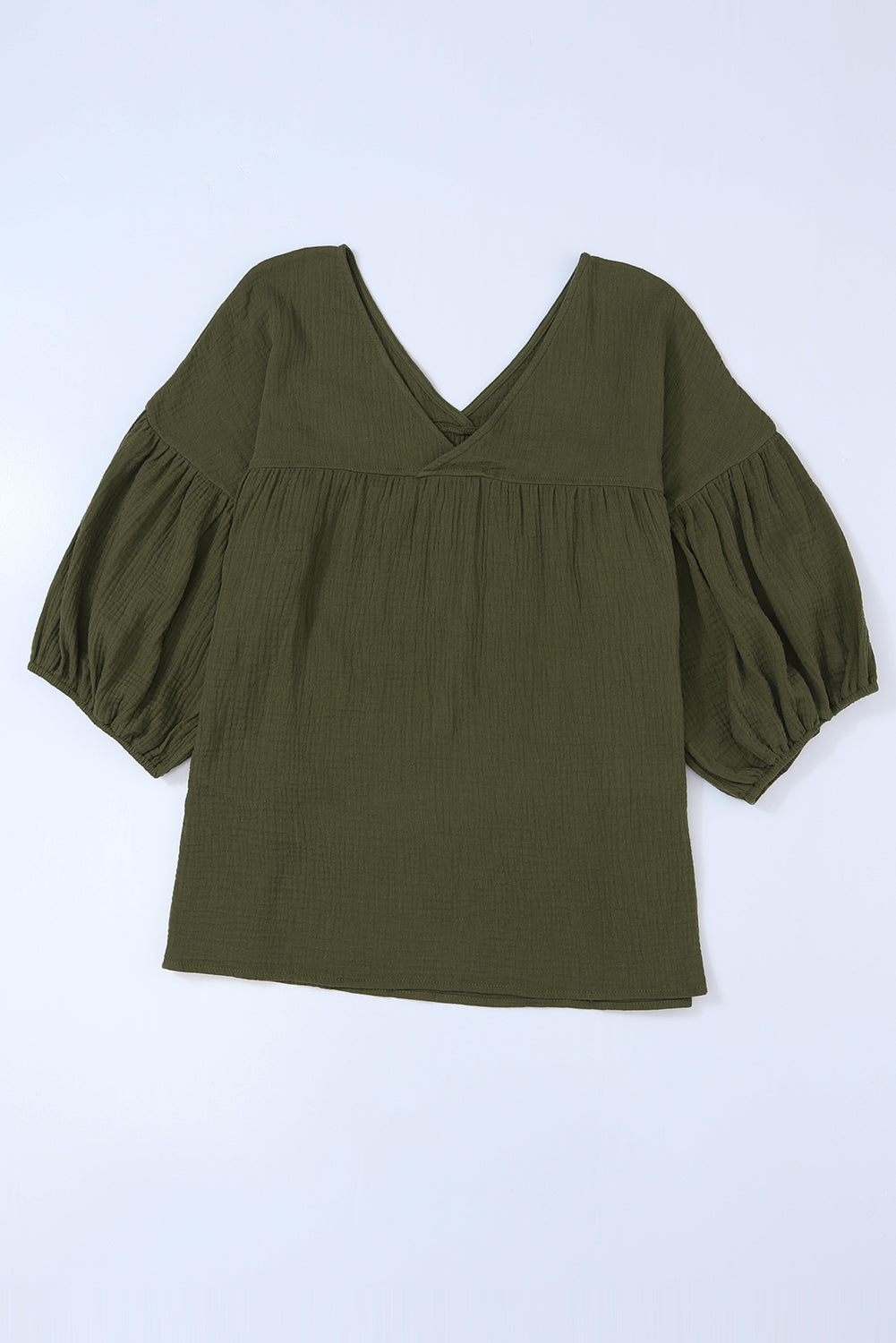 Green Textured V Neck Bracelet Sleeve Babydoll Blouse with Puff Sleeves