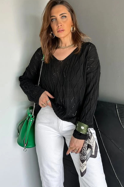 Black Geometric Textured Crisscross Lace up Knit V Neck Sweater