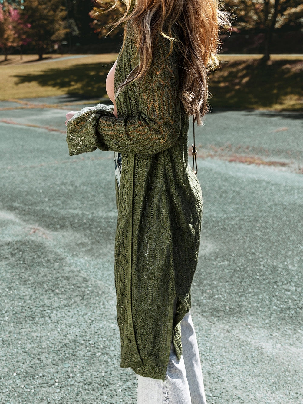 Jungle Green Pointelle Knit Open Cardigan