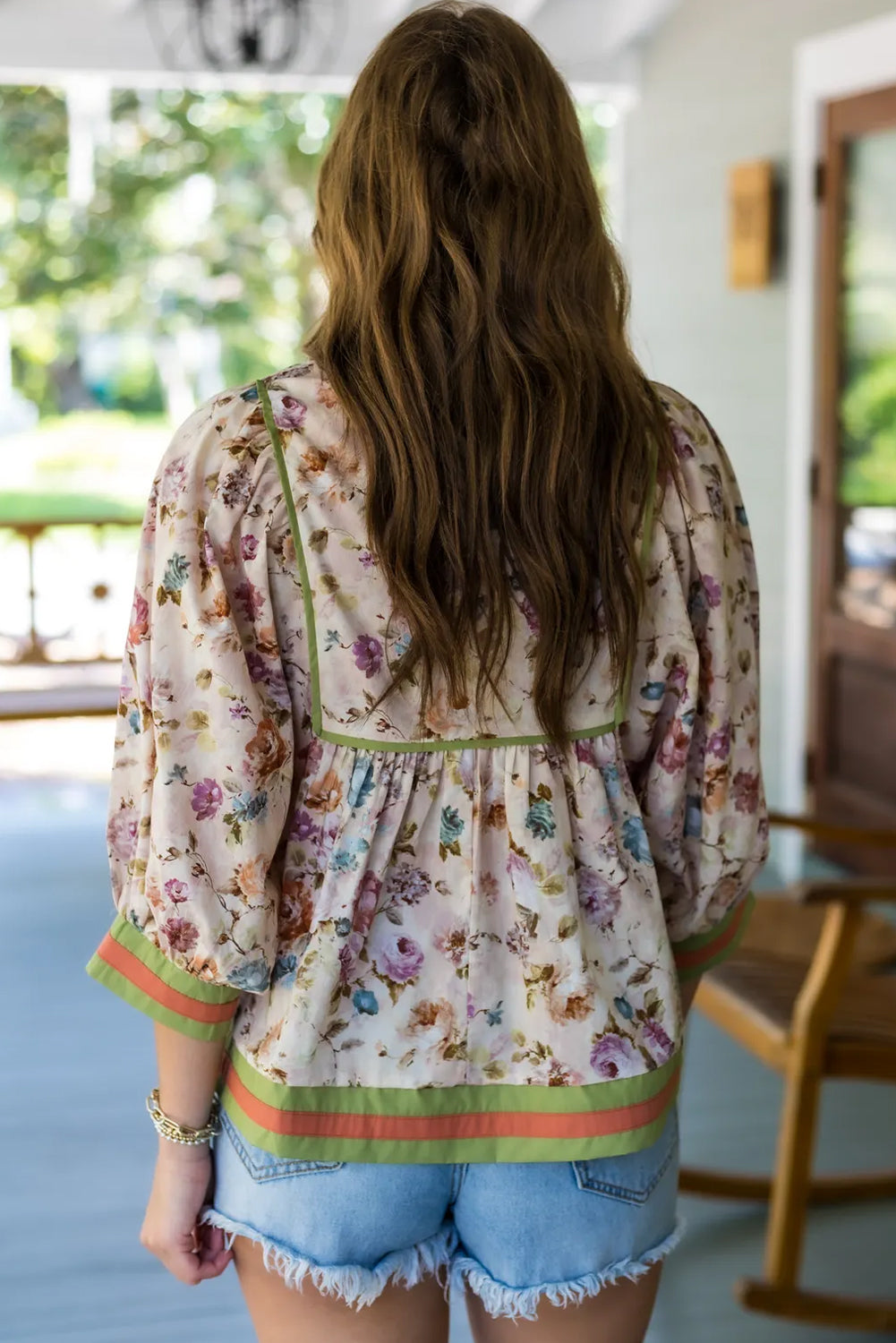 Beige Floral Print Contrast Trim Tie Neck Bracelet Sleeve Blouse