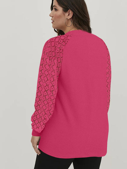 Strawberry Pink Plus Size Contrast Lace Sleeve Waffle Knit Top