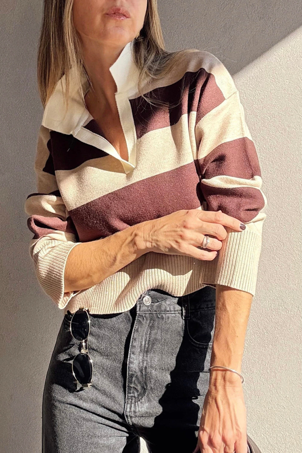 brown color block sweater