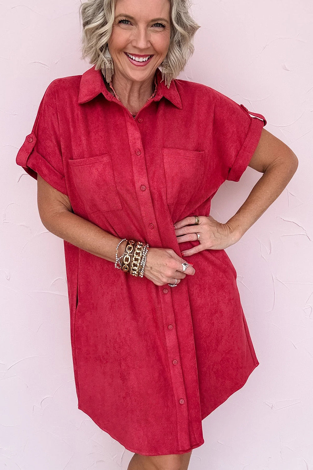 Fiery Red Roll-tab Short Sleeve Patched Chest Pocket Shift Mini Shirt Dress