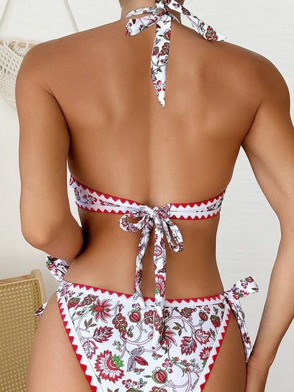 Flirty Red Floral Halter Bikini with O-Ring Detail