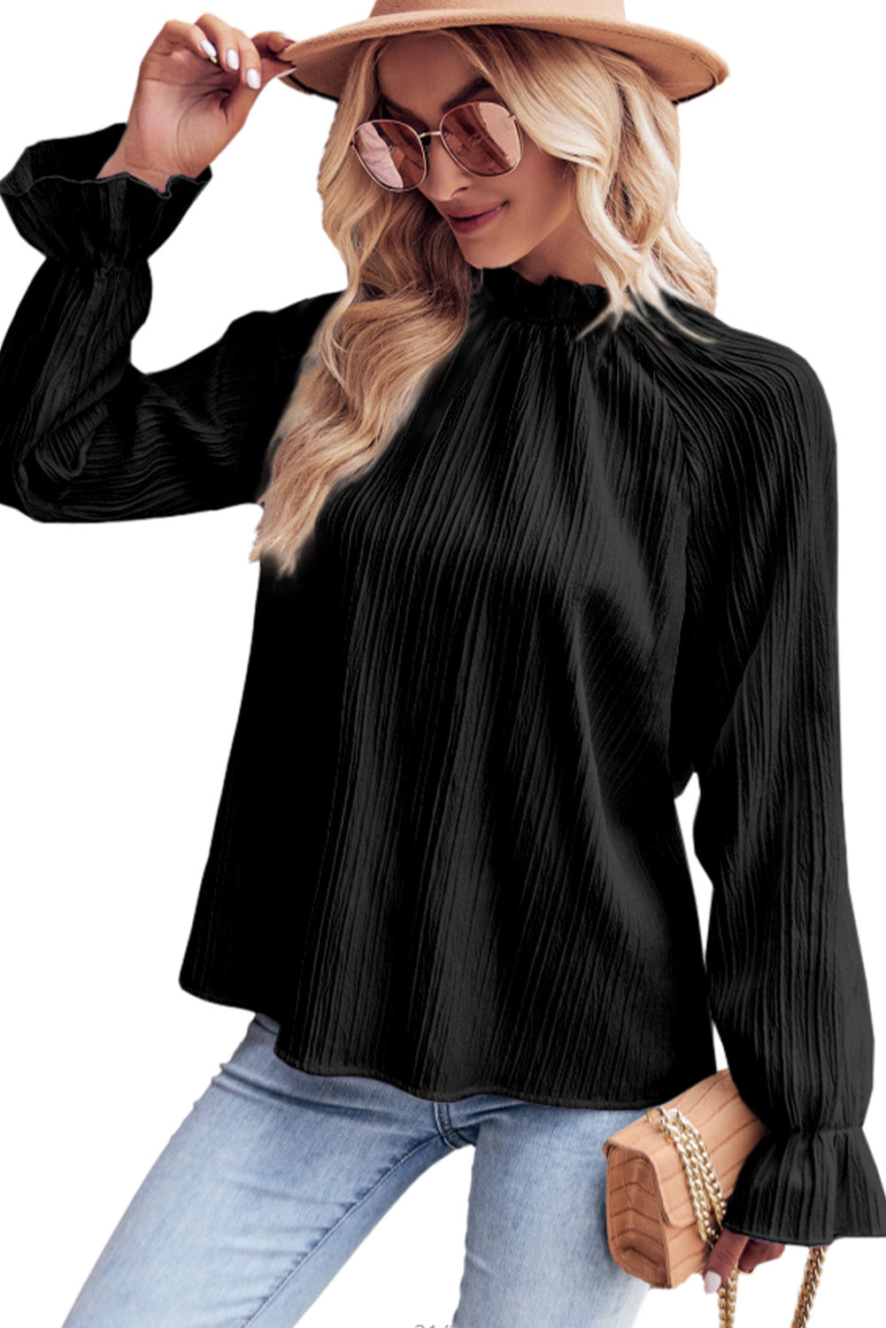 Elegant Black Ripple Sleeve Blouse with Frilled Stand Neck