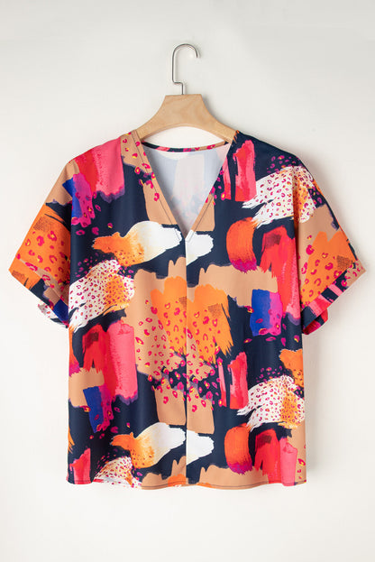 Multicolour Abstract Print V Neck Shift Plus Size Blouse