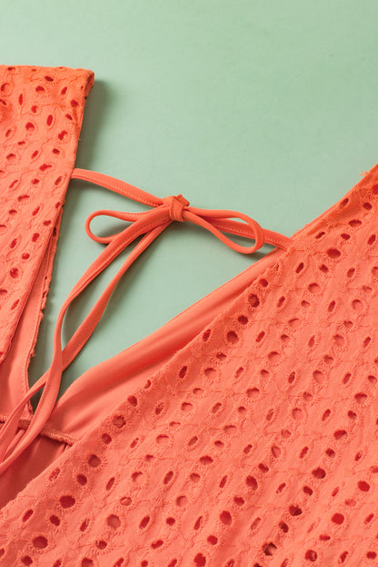 Elegant Eyelet Babydoll Dress with Carrot Contrast Bodice