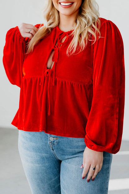 Fiery Red Plus Size Tie Front Velvet Peplum Blouse