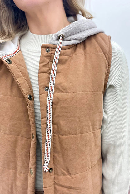 Buckskin Quilted Texture Color Block Hooded Patchwork Snap Button Vest