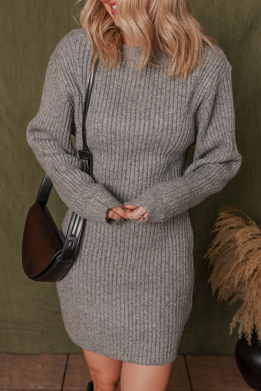 Gray Ribbed Knit Long Sleeve Crewneck Slim Fit Sweater Dress