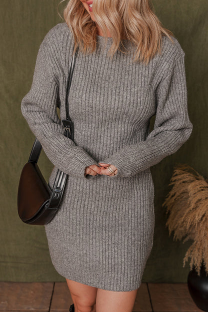Gray Ribbed Knit Long Sleeve Crewneck Slim Fit Sweater Dress