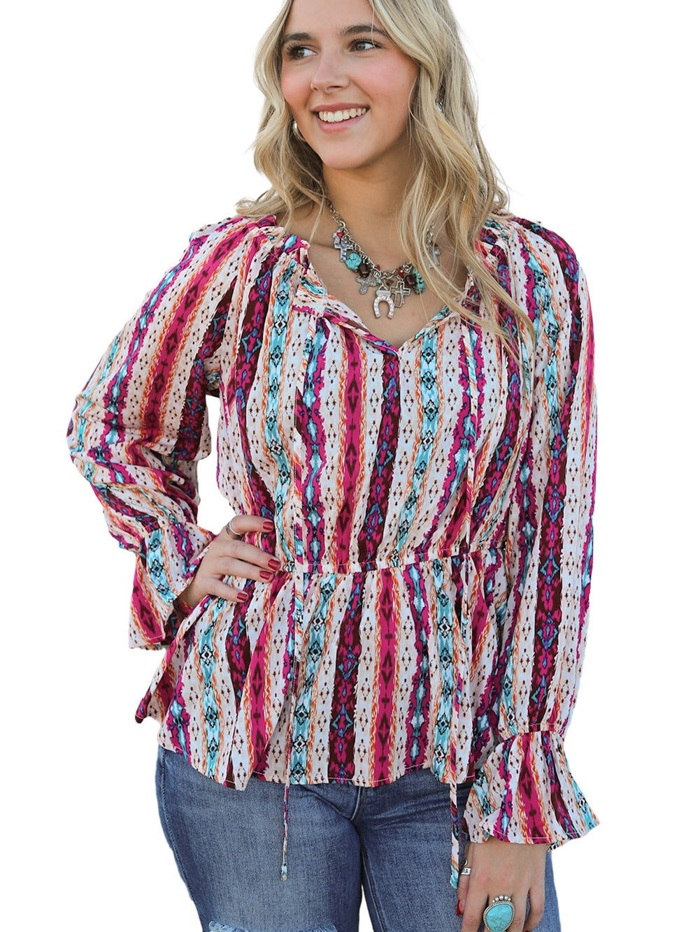 Aztec Print Peplum Blouse with Split Neck