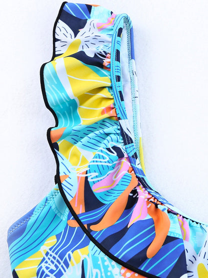 Green Floral Ruffle Square Neck High Waist Bikini Set