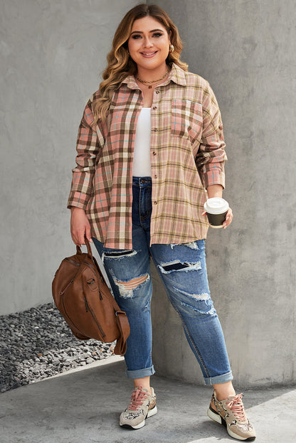 Pink Plaid Pocketed Plus Size Shirt With Long Sleeves