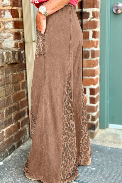 Straw Yellow Mineral Wash Leopard Patchwork Wide Leg Pants