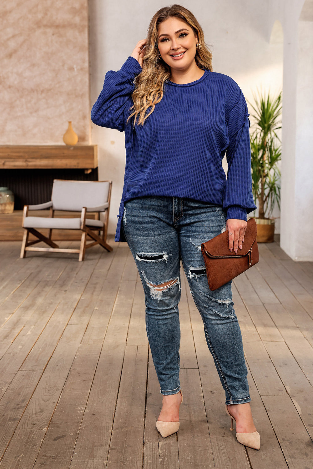 Blue Cozy Waffle Knit Shift Top