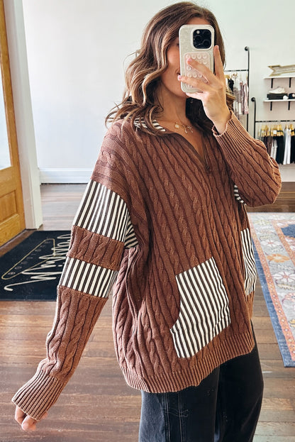 Chestnut Cable Knit Striped Patchwork Collar Zipped Pullover Sweater