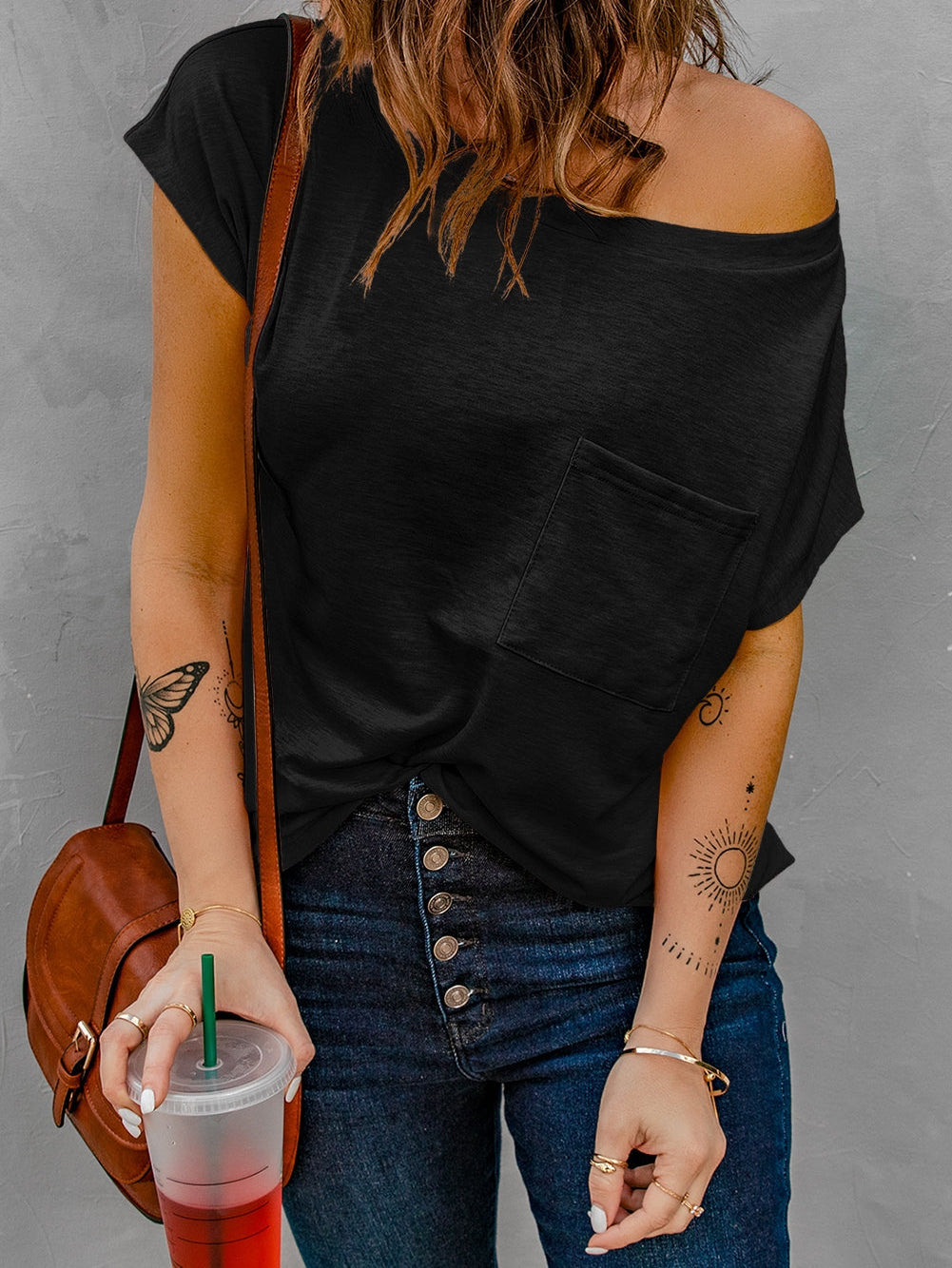 Hypnotic Knit Pocket Tee with Cap Sleeves