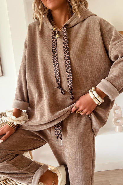 Dark Khaki Lace/Leopard Drawstring Pullover Hoodie and High Waist Pants Corduroy Suit