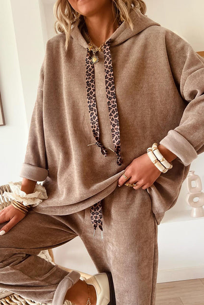 Dark Khaki Lace/Leopard Drawstring Pullover Hoodie and High Waist Pants Corduroy Suit
